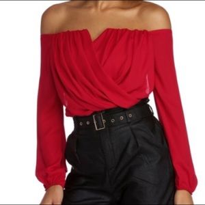 Red chiffon off the shoulder top